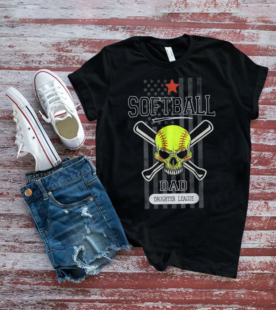 SOFTBALL DAD DAUGHTER LEAGUE Skull Crossed Bats Star Flag T-Shirt