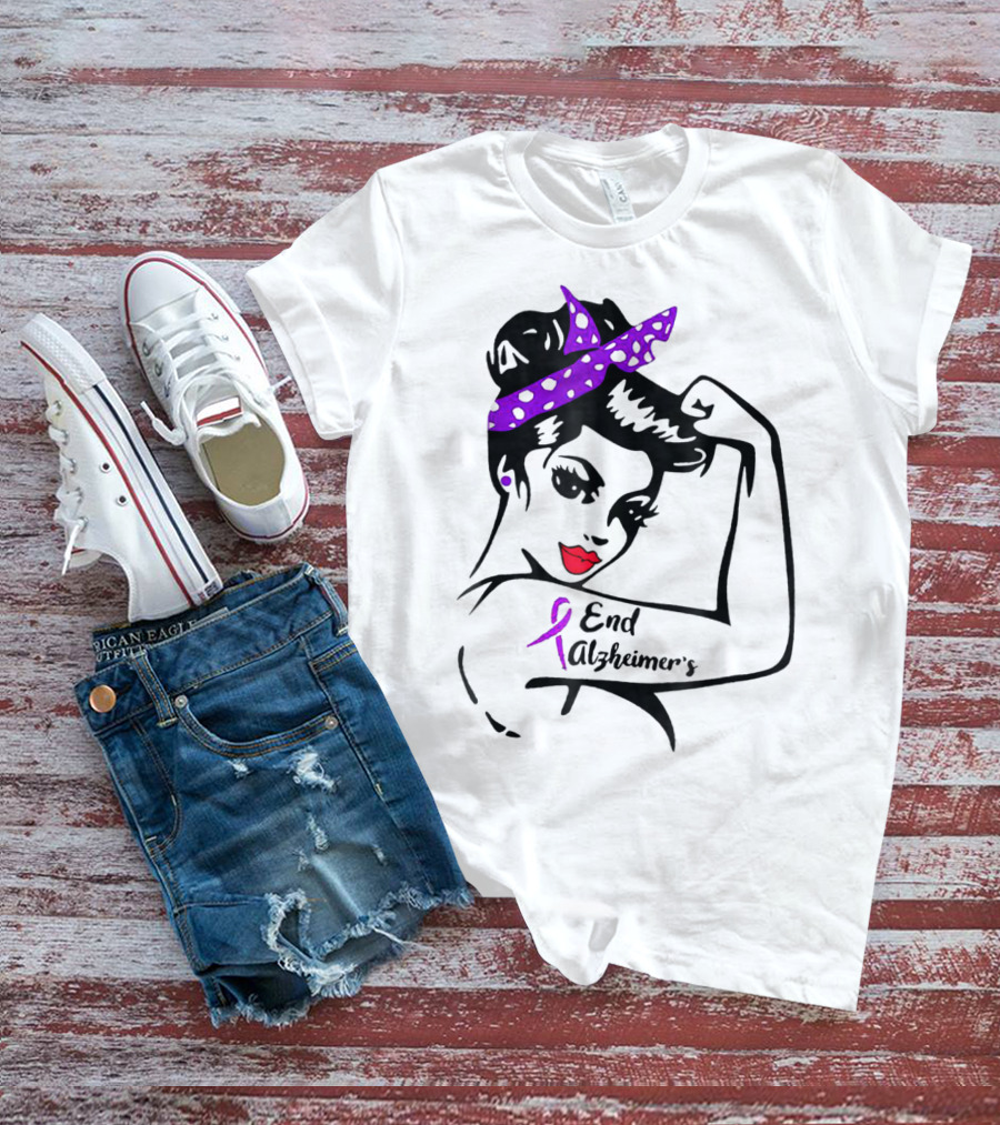 Strong Woman End Alzheimer's Awareness Purple Ribbon Rosie The Riveter T-Shirt