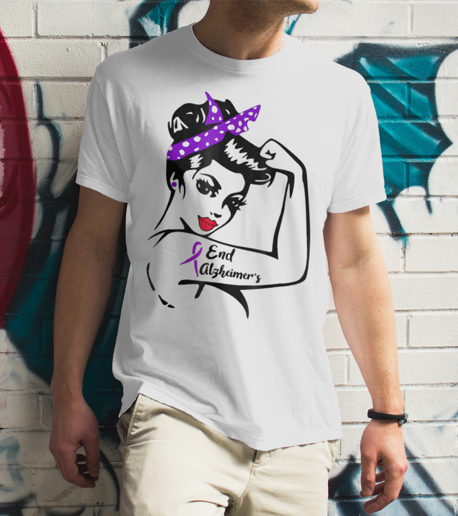 Strong Woman End Alzheimer's Awareness Purple Ribbon Rosie The Riveter T-Shirt