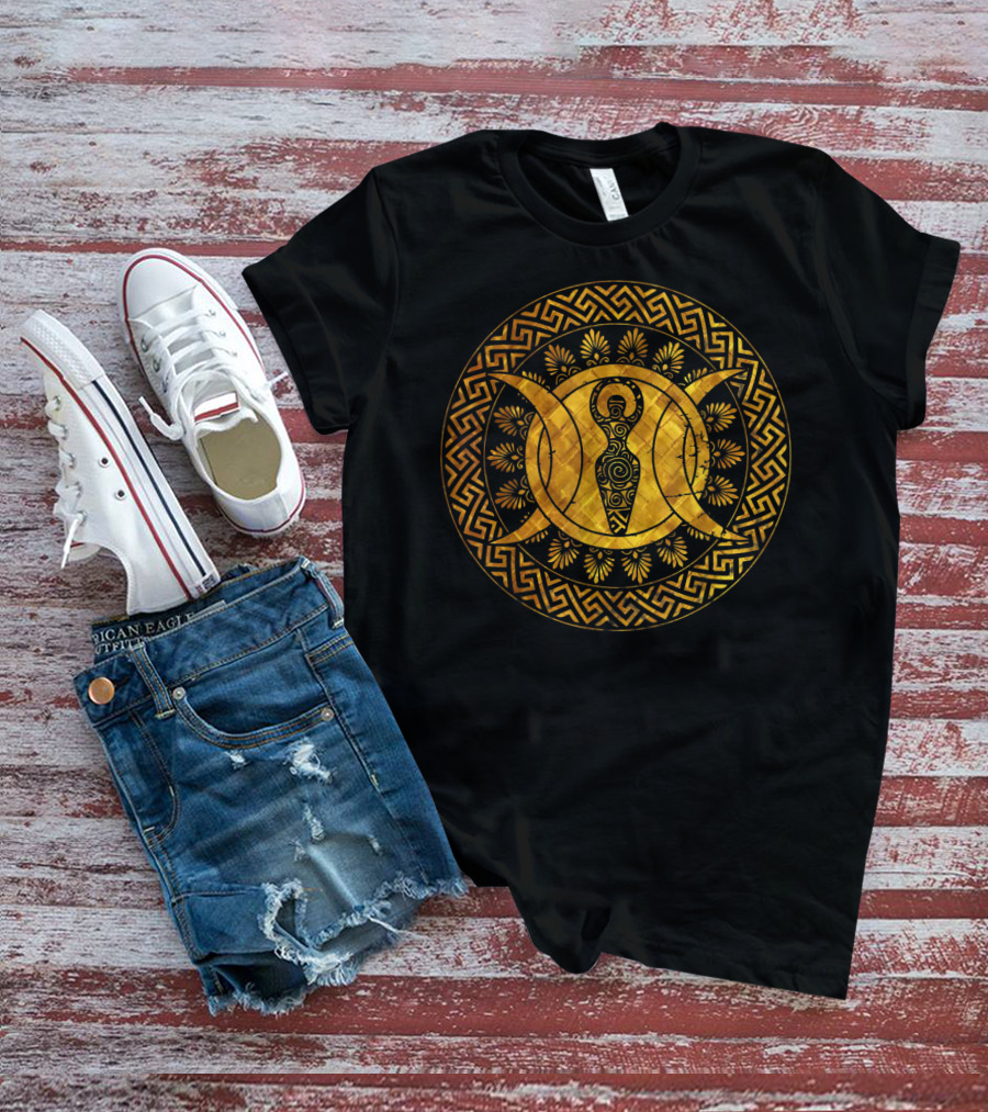 Triple Moon Wiccan Pagan Spiral Goddess Geometric Gold T-Shirt