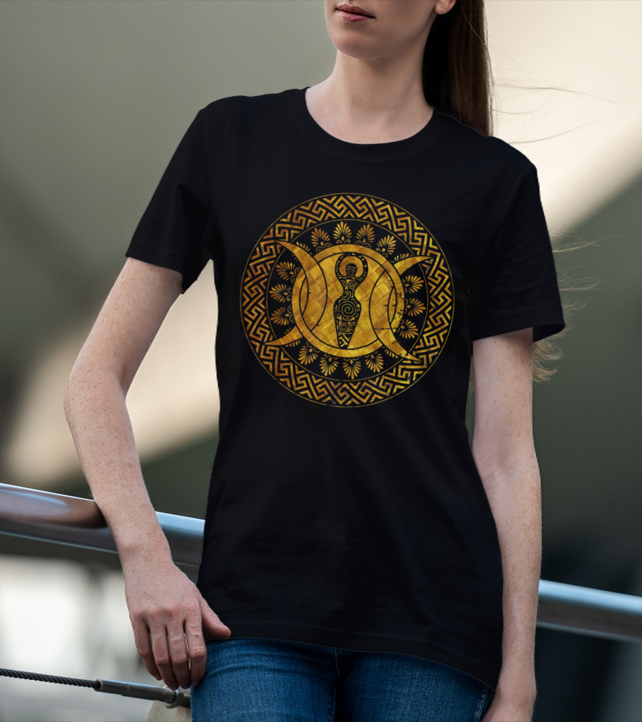 Triple Moon Wiccan Pagan Spiral Goddess Geometric Gold T-Shirt