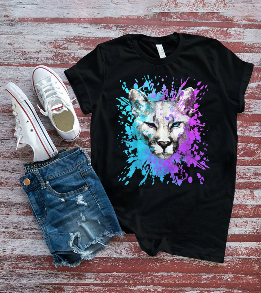 Watercolour Cougar Mountain Lion Artsy Splatter T-Shirt