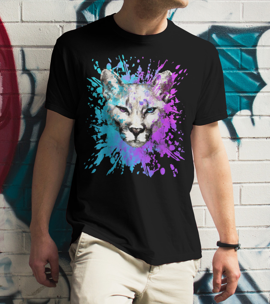 Watercolour Cougar Mountain Lion Artsy Splatter T-Shirt