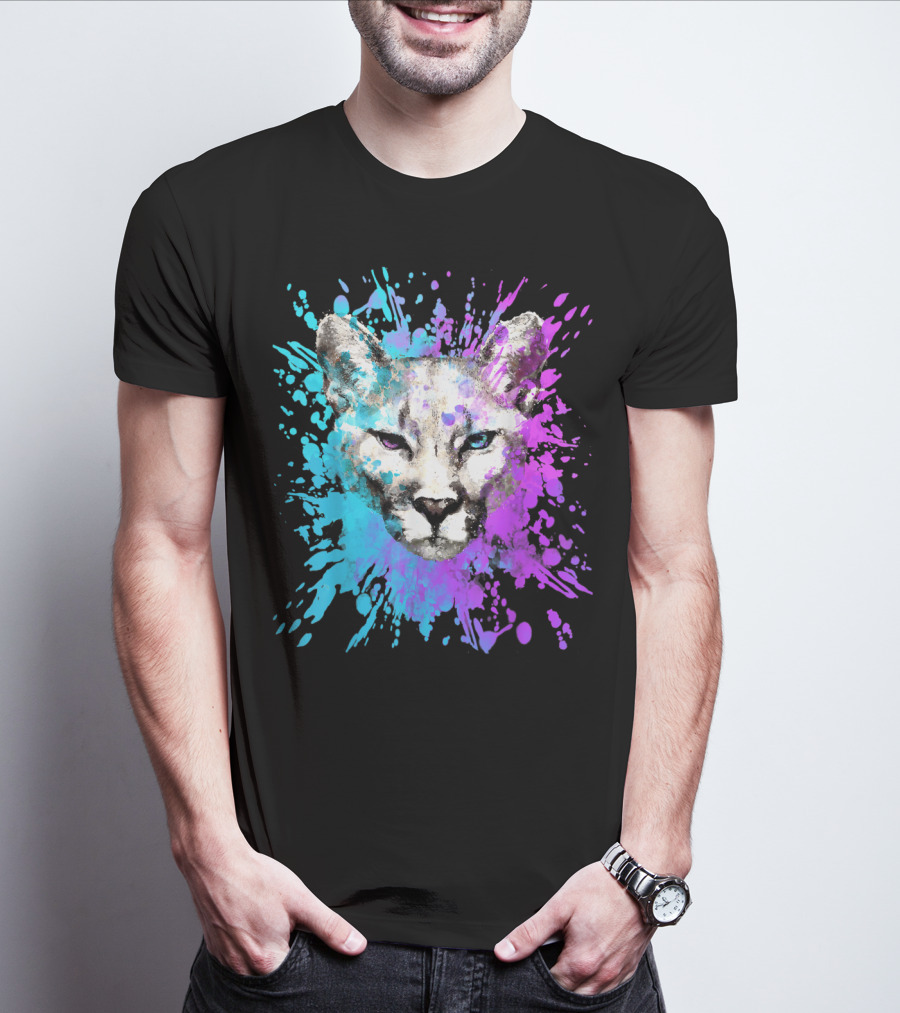 Watercolour Cougar Mountain Lion Artsy Splatter T-Shirt