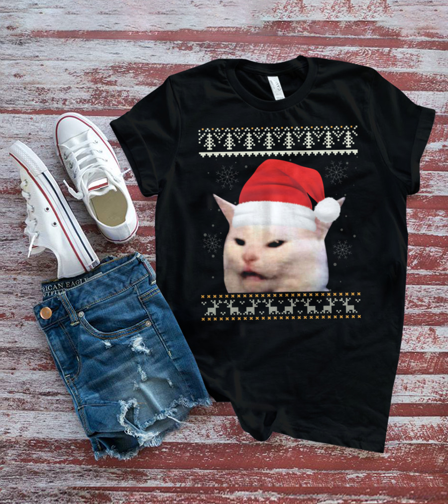 Confused Cat With Red Santa Hat And Christmas T-Shirt
