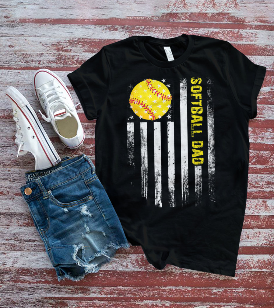 Softball Dad American Flag Father's Day T-Shirt
