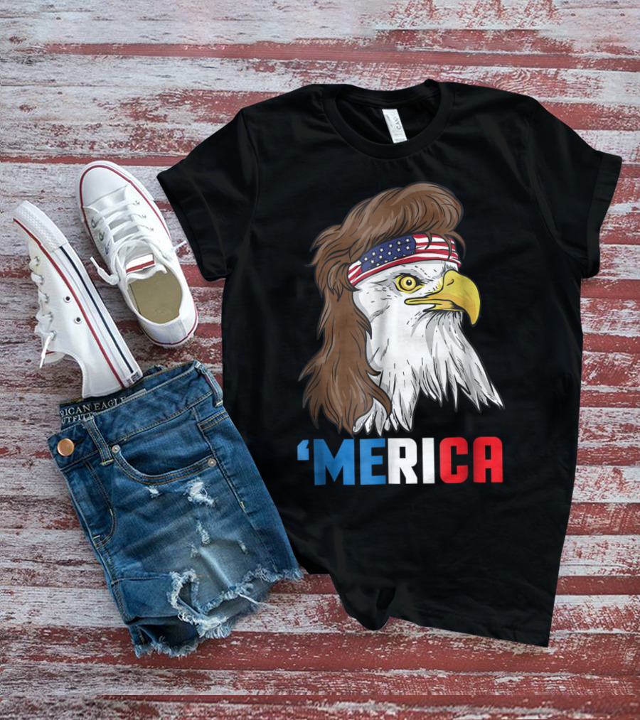 'Merica Patriotic Mullet Eagle With American Flag Headband T-Shirt