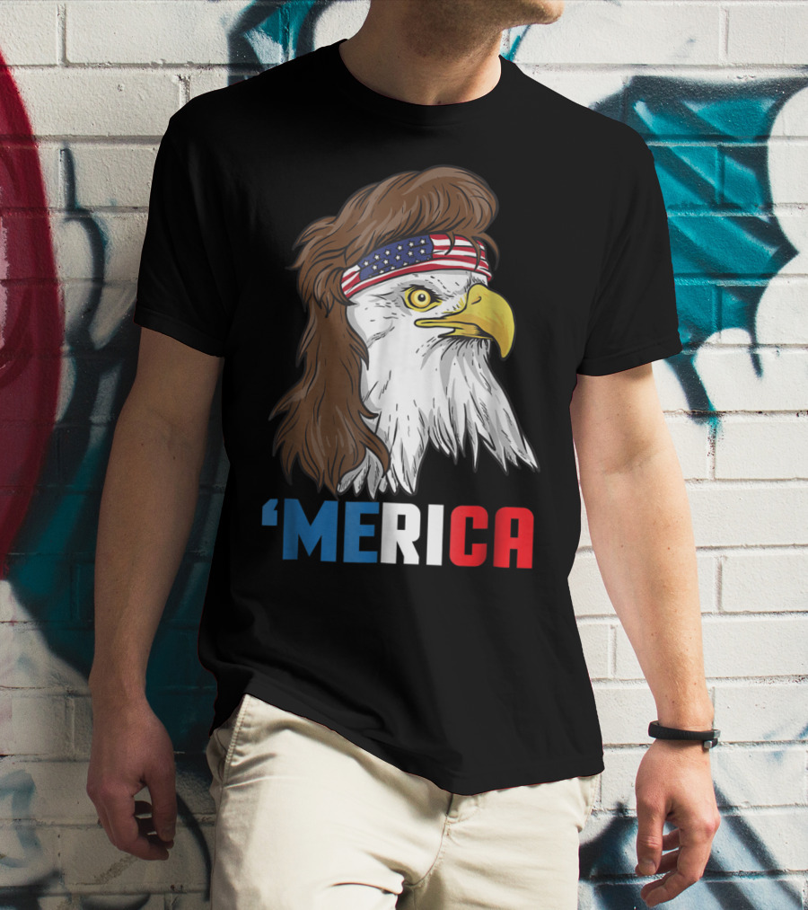'Merica Patriotic Mullet Eagle With American Flag Headband T-Shirt