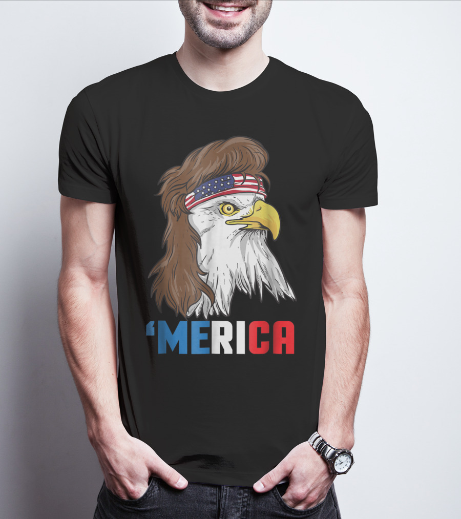 'Merica Patriotic Mullet Eagle With American Flag Headband T-Shirt