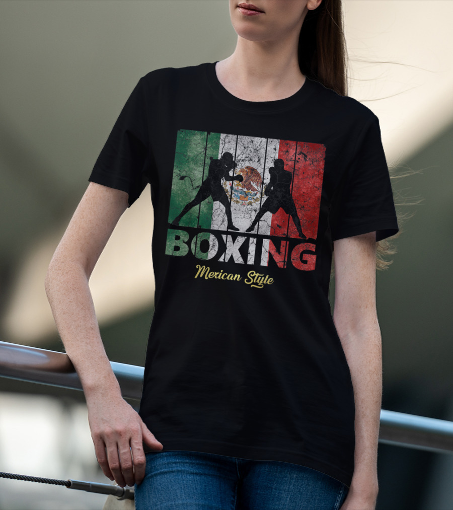Mexican Vintage Style Boxing With Great Boxing Silhouettes And Flag Background T-Shirt