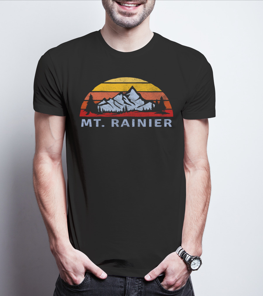 Mt. Rainier Retro Sunset With Mountain And Trees T-Shirt