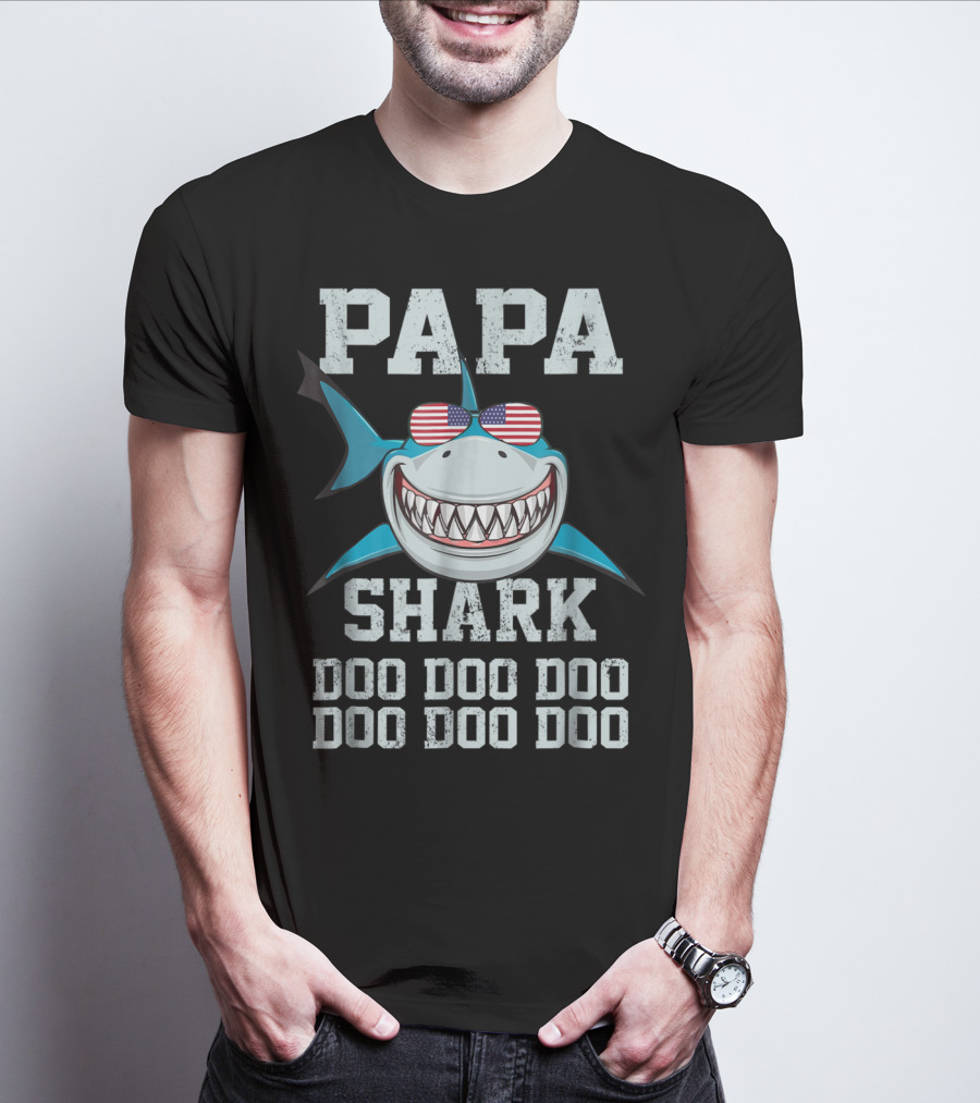 Papa Shark Doo Doo Doo Doo American Flag Sunglasses Fathers T-Shirt