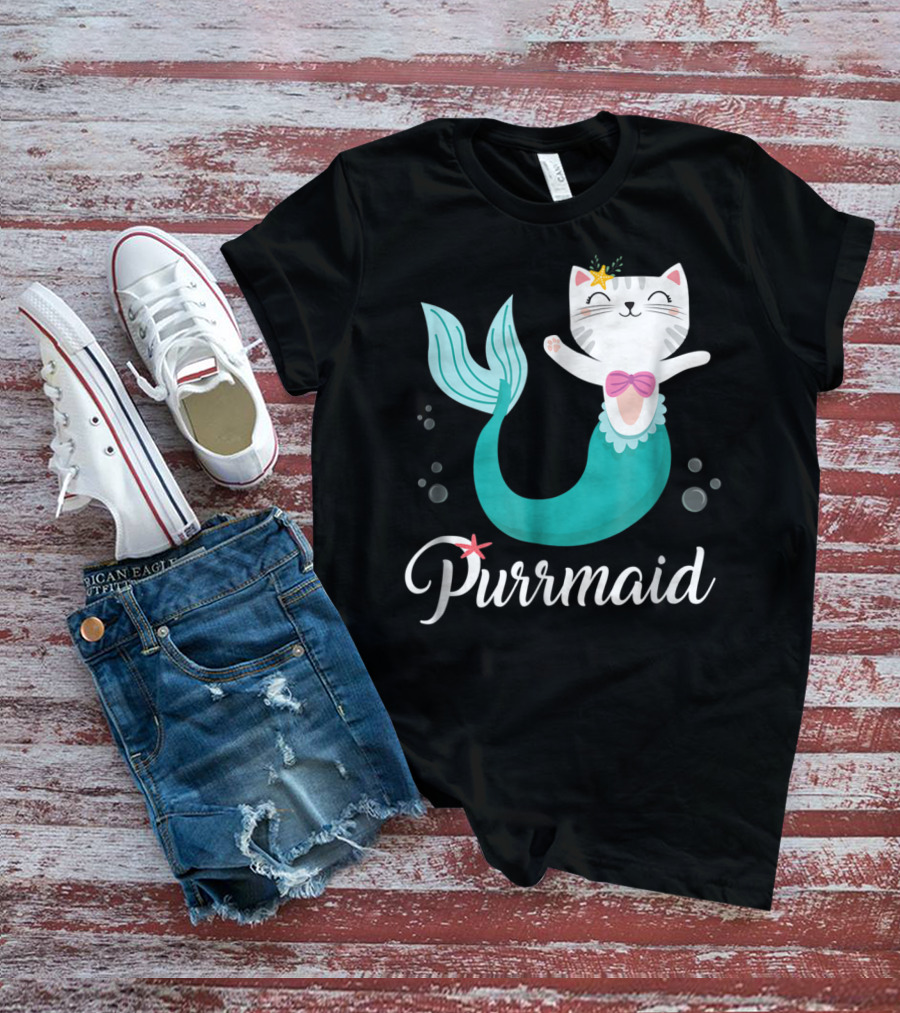 Purrmaid Cat Mermaid For Girls With Star And Bow T-Shirt