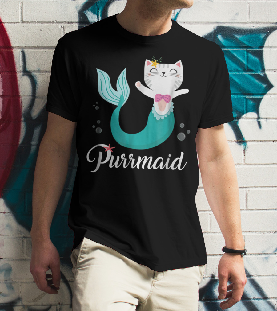 Purrmaid Cat Mermaid For Girls With Star And Bow T-Shirt