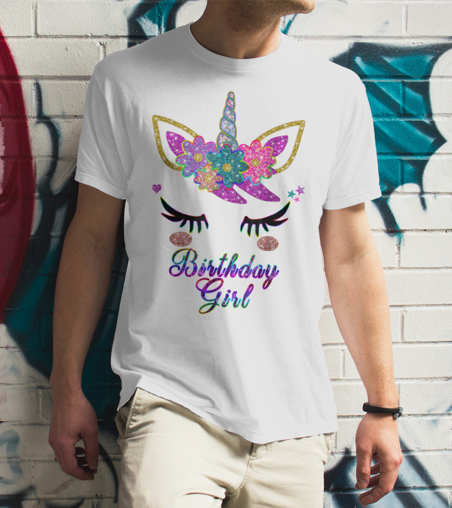Rainbow Glitter Unicorn Birthday Girl Flowers Stars T-Shirt