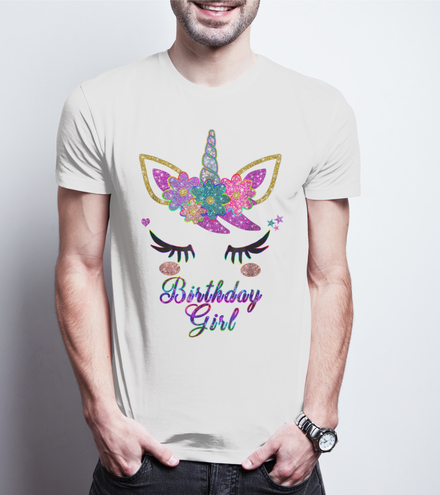 Rainbow Glitter Unicorn Birthday Girl Flowers Stars T-Shirt