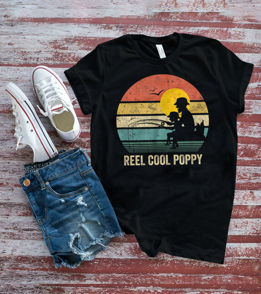 Reel Cool Poppy Vintage Fisherman Father's Retro Style Sun T-Shirt