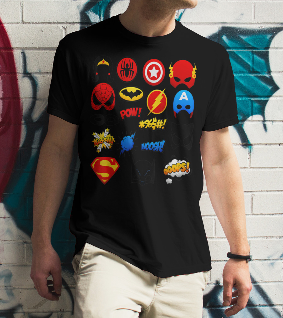 Superheroes Icons Spider Captain Batman Flash Wonder Emoji KABOOM POW OOOOPS Super T-Shirt