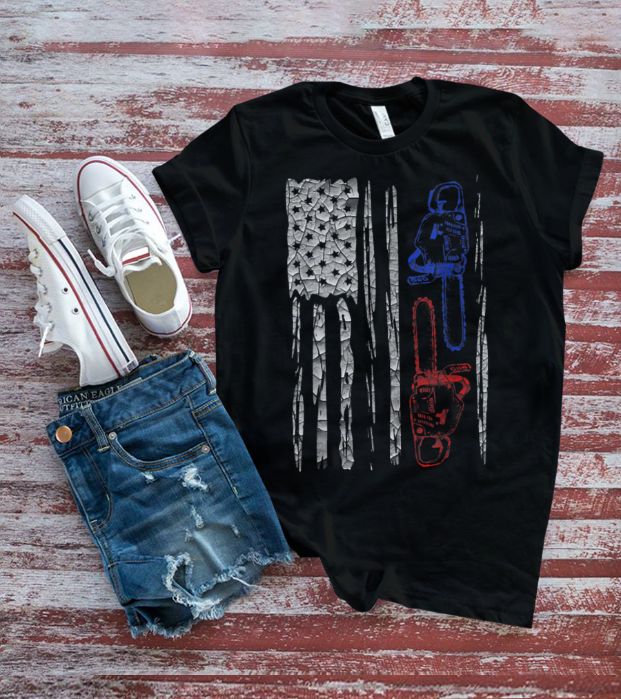 US FLAG CHAINSAW Lumberjack Logger Lumber Patriotic Chainsaws T-Shirt