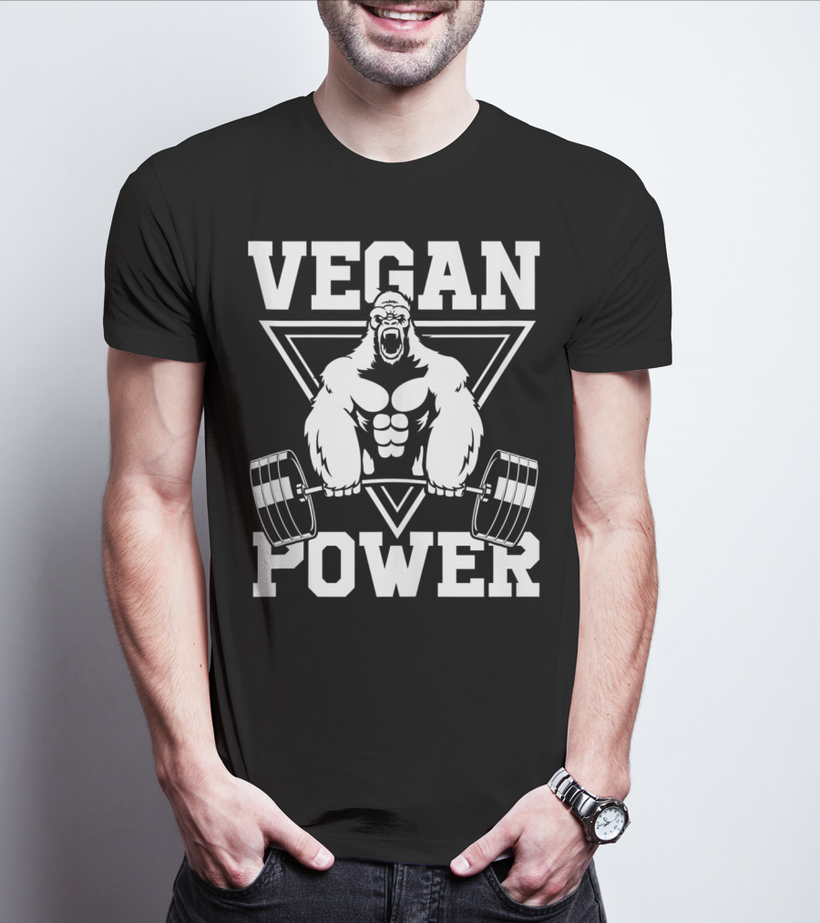 Vegan Power Gorilla Weightlifting Strength Fitness T-Shirt