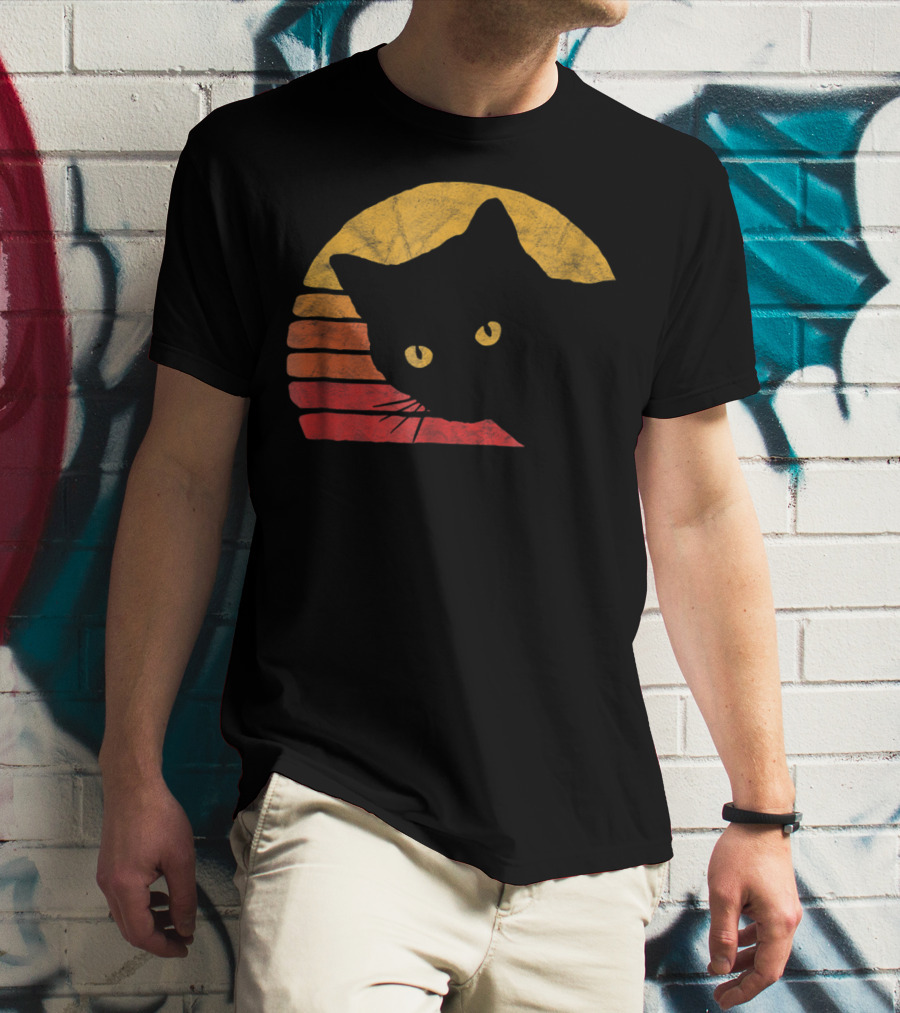 Vintage Eighties Style Cat Distressed Silhouette Retro Sunset T-Shirt
