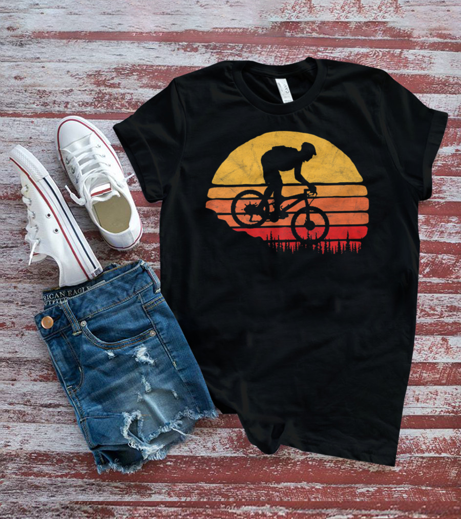 Vintage Mountain Biking Sunset Silhouette Forest Trail T-Shirt