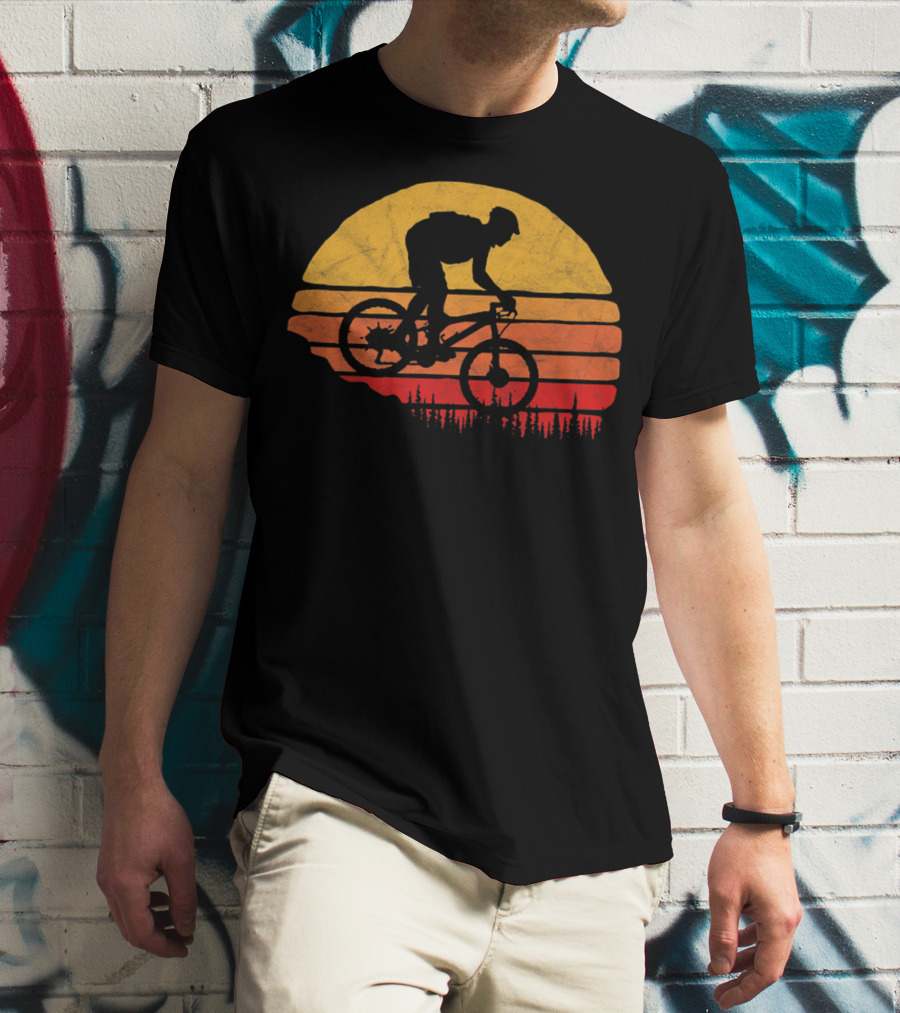 Vintage Mountain Biking Sunset Silhouette Forest Trail T-Shirt