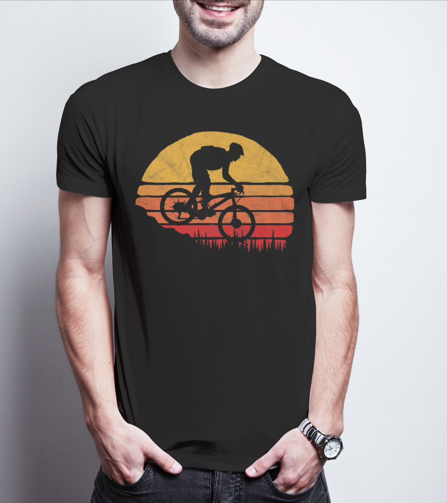 Vintage Mountain Biking Sunset Silhouette Forest Trail T-Shirt