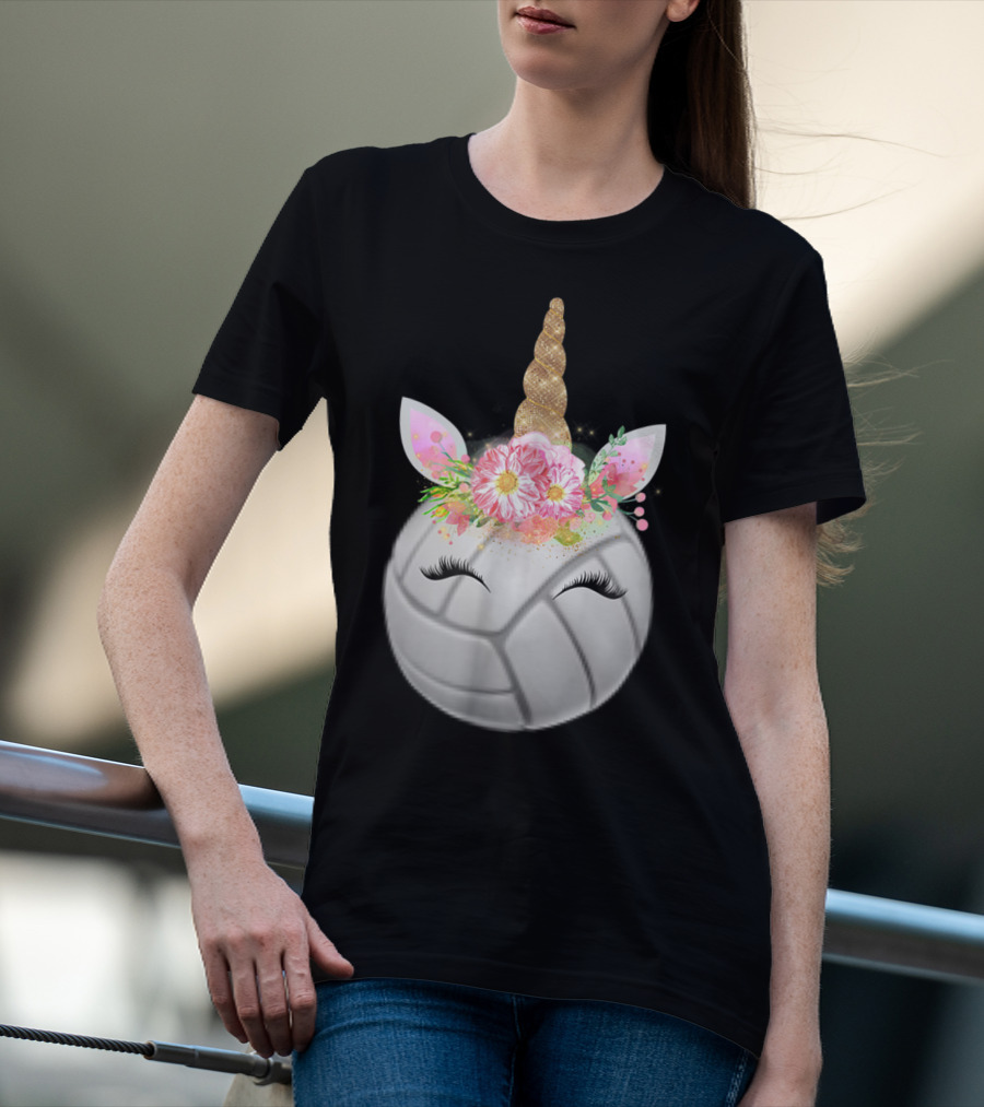 Volleyball Unicorn Funny Sport Love Girls Magical Flower Horn T-Shirt