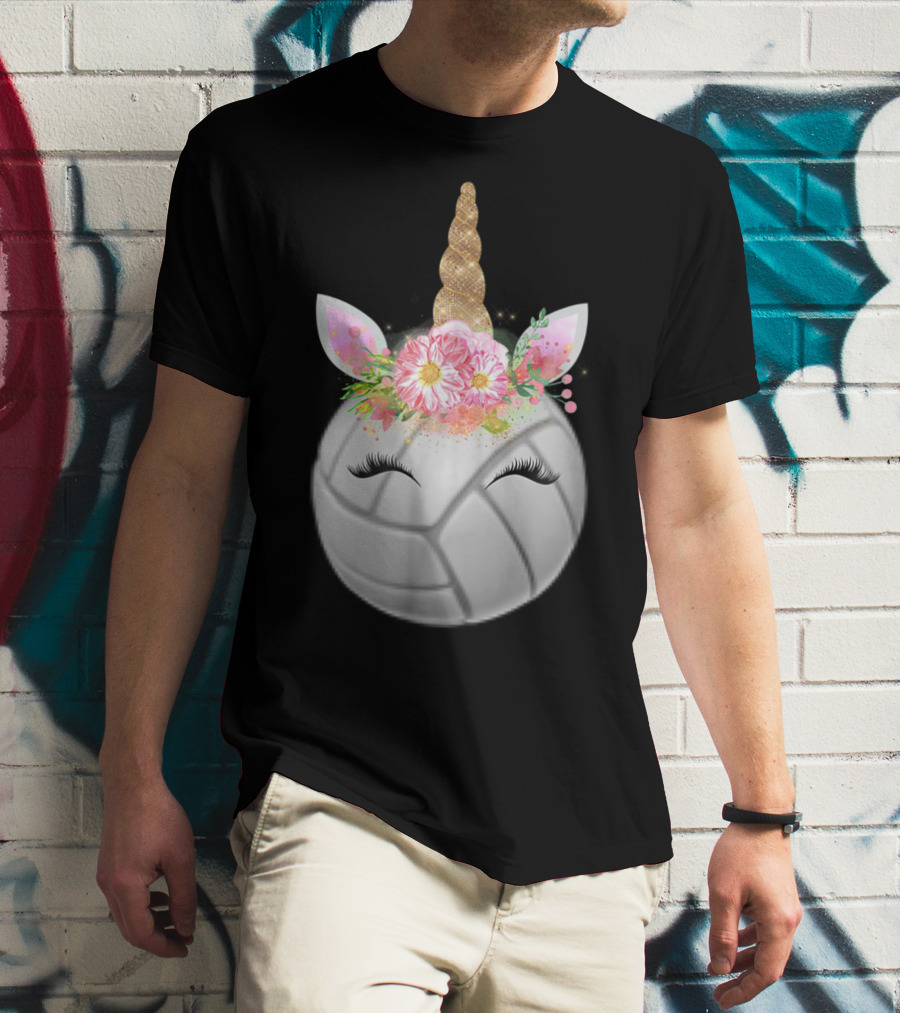 Volleyball Unicorn Funny Sport Love Girls Magical Flower Horn T-Shirt
