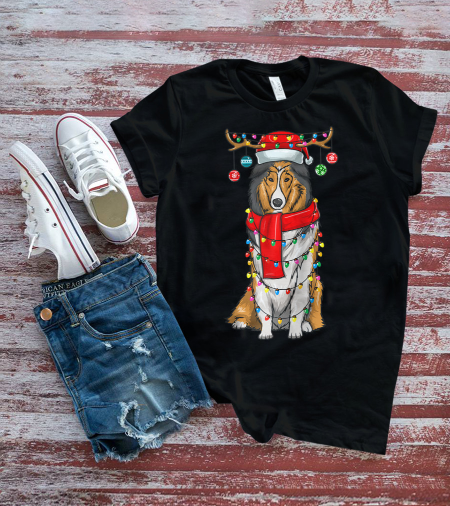 Christmas Cute Collie Dog Wrapped In Holiday Lights With Santa Hat And Antlers T-Shirt