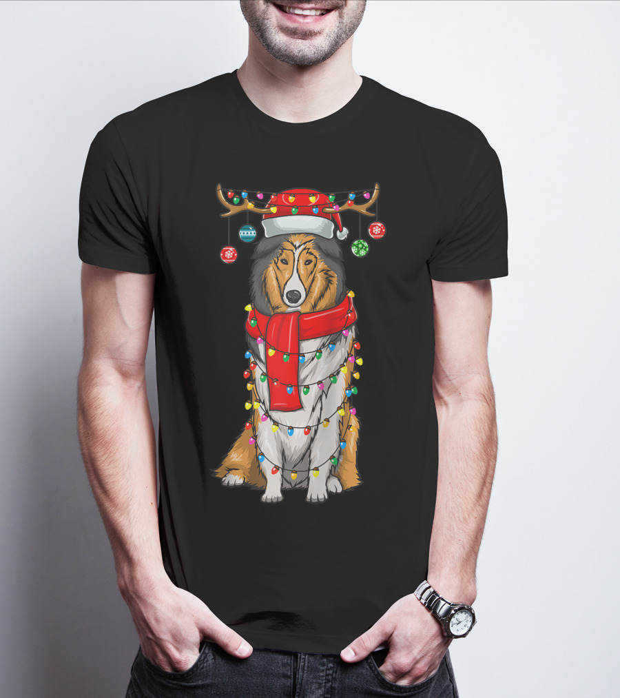 Christmas Cute Collie Dog Wrapped In Holiday Lights With Santa Hat And Antlers T-Shirt
