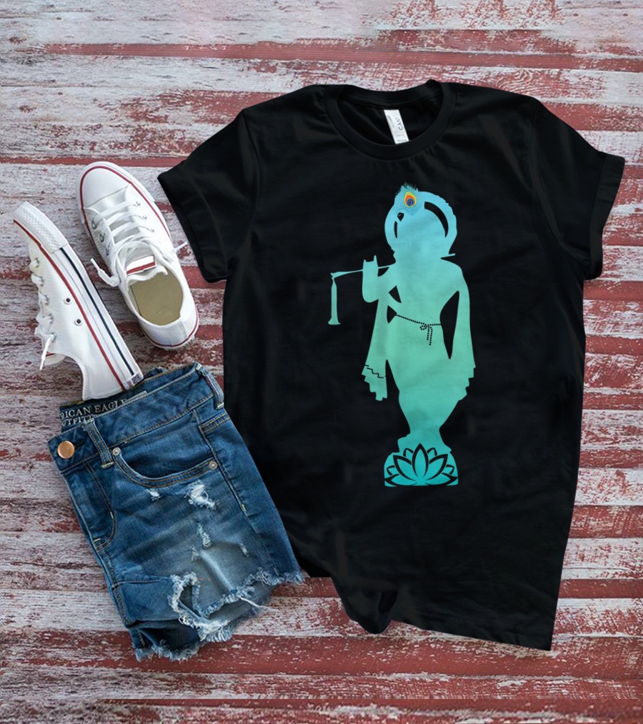 Divine Glory Lord Krishna Flute Silhouette With Peacock Feather And Lotus T-Shirt