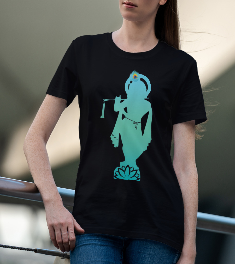 Divine Glory Lord Krishna Flute Silhouette With Peacock Feather And Lotus T-Shirt