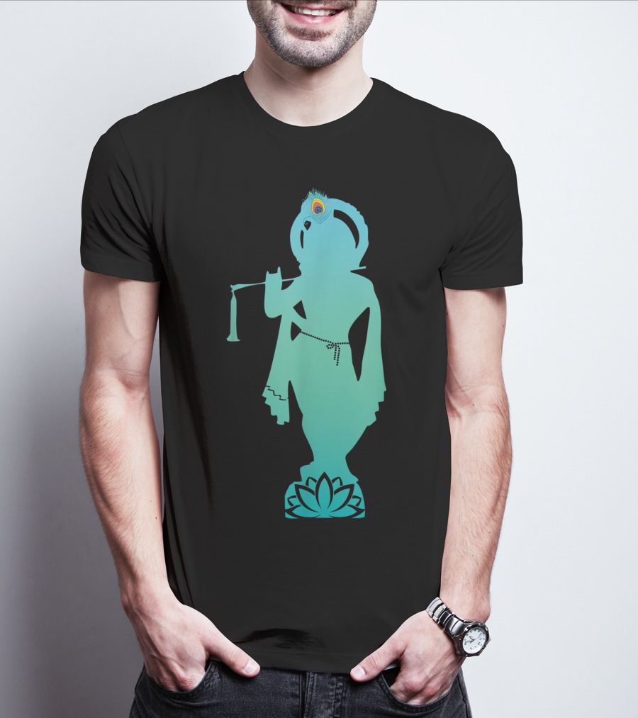 Divine Glory Lord Krishna Flute Silhouette With Peacock Feather And Lotus T-Shirt