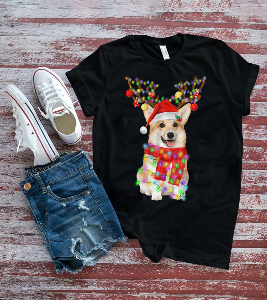 Funny Christmas Corgi Reindeer With Santa Hat And Festive Lights T-Shirt