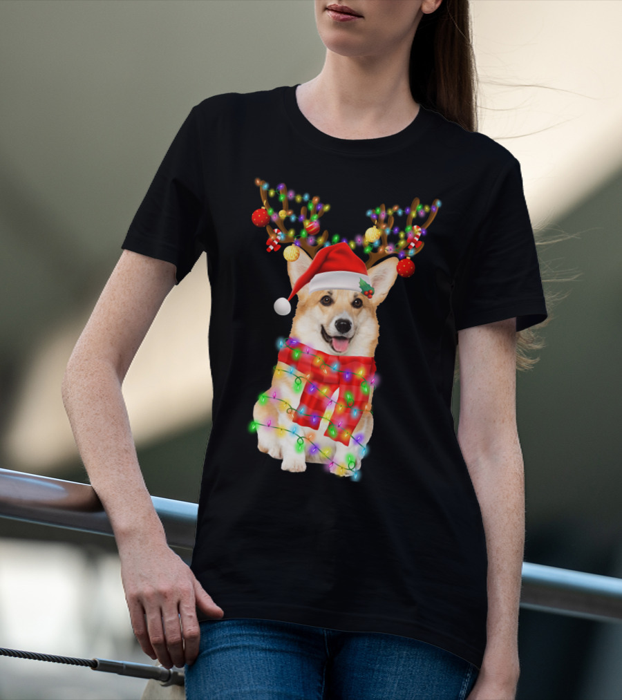 Funny Christmas Corgi Reindeer With Santa Hat And Festive Lights T-Shirt