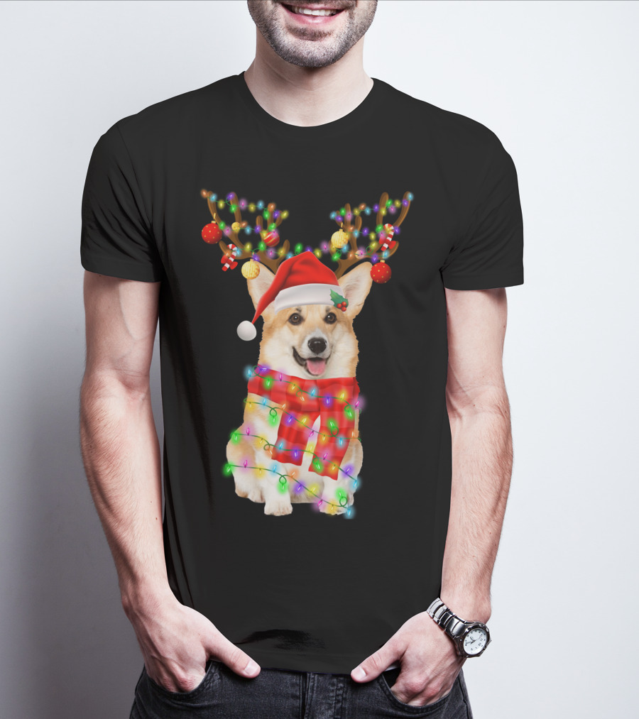 Funny Christmas Corgi Reindeer With Santa Hat And Festive Lights T-Shirt