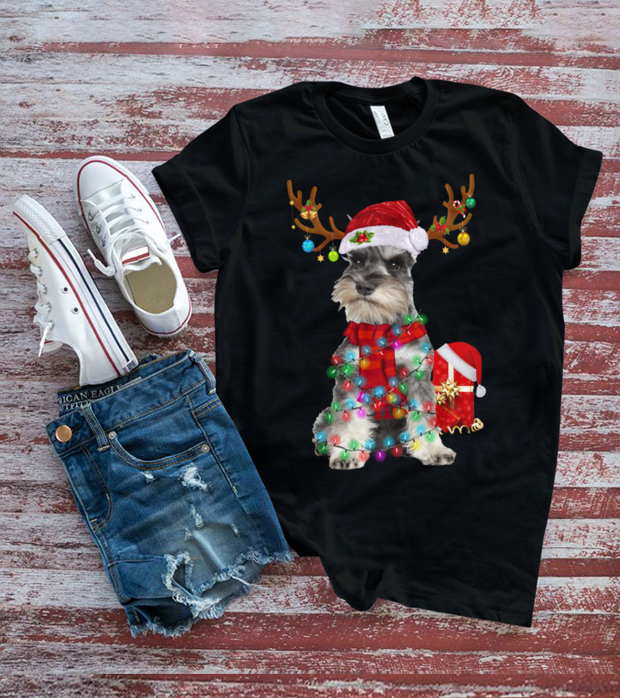 Funny Santa Hat Reindeer Miniature Schnauzer Christmas Lights T-Shirt