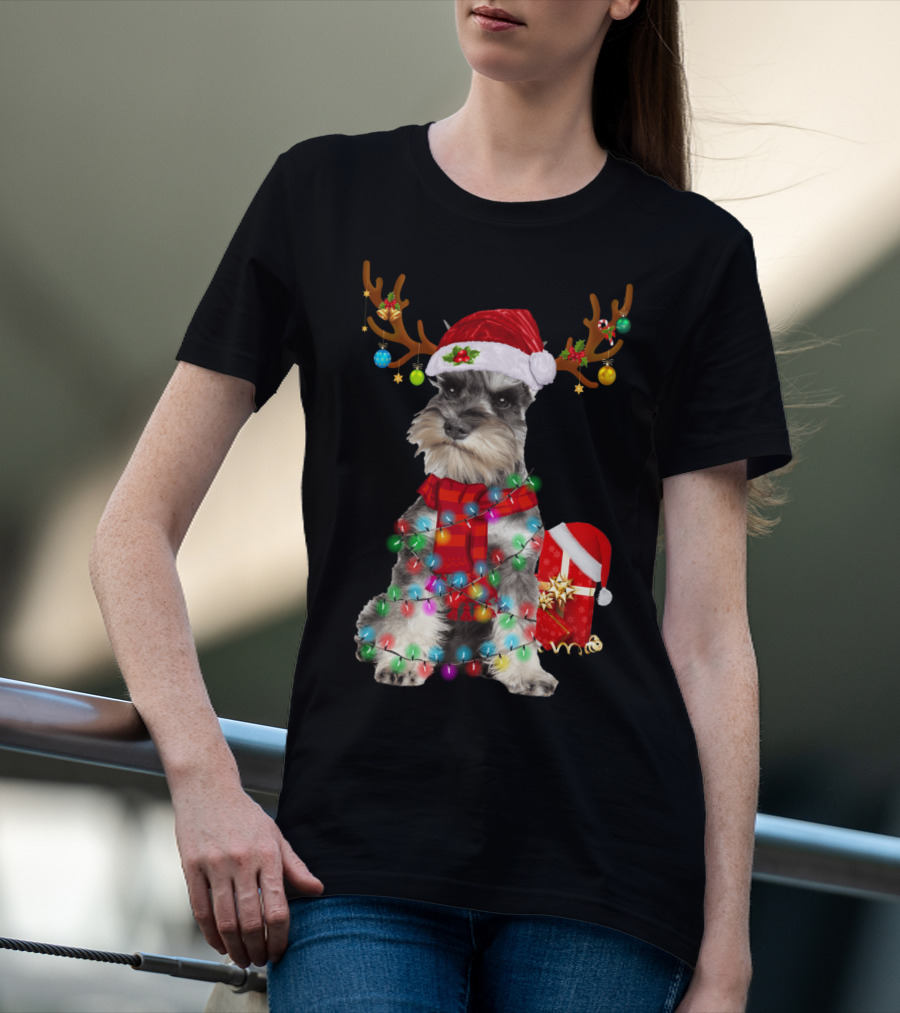 Funny Santa Hat Reindeer Miniature Schnauzer Christmas Lights T-Shirt