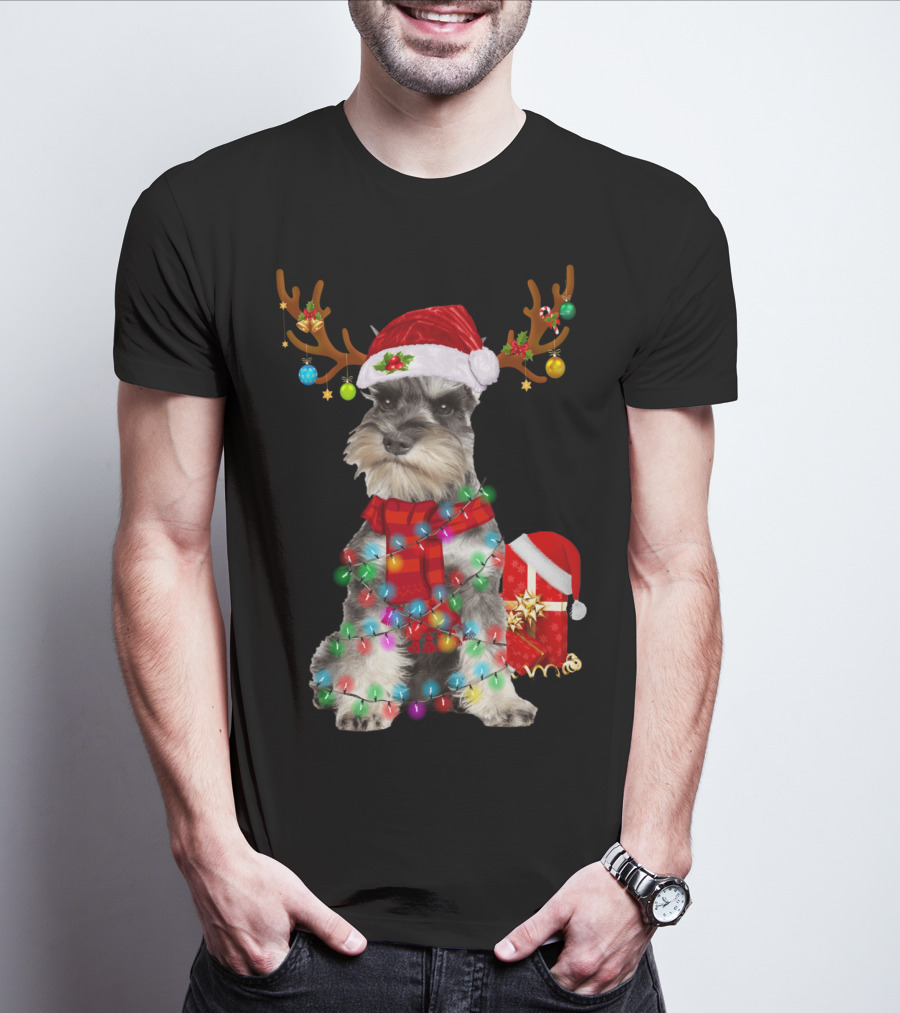 Funny Santa Hat Reindeer Miniature Schnauzer Christmas Lights T-Shirt