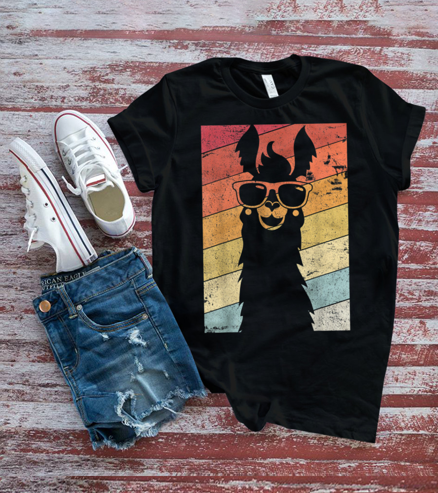 Retro Llama Style Alpaca With Sunglasses On Colorful Stripes T-Shirt