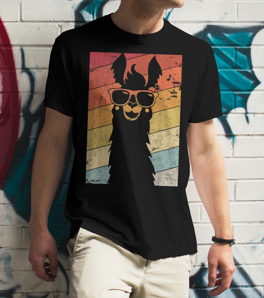 Retro Llama Style Alpaca With Sunglasses On Colorful Stripes T-Shirt