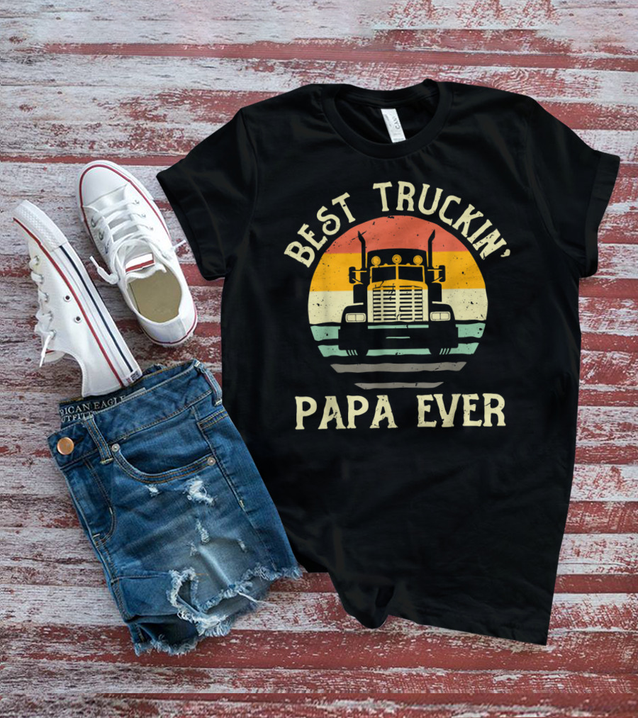Best Truckin' Papa Ever Vintage Sunset Truck T-Shirt