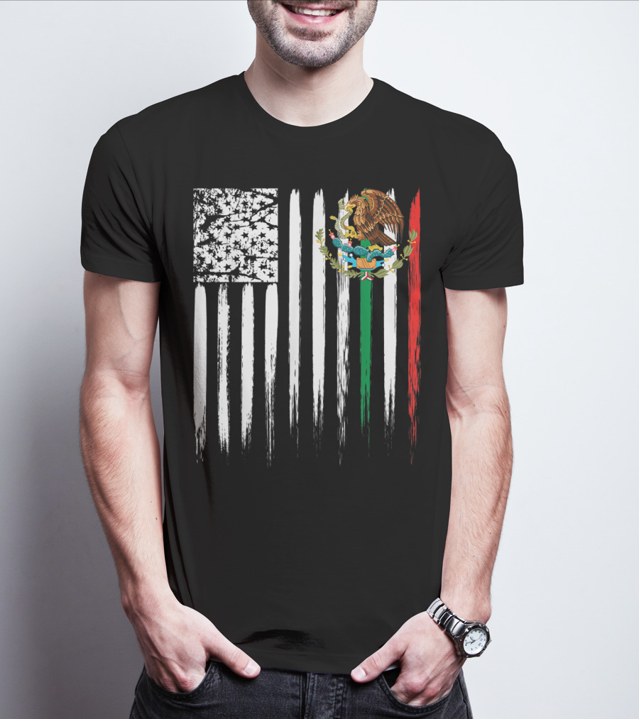 Mexican American Flag With Eagle And Serpent Symbol On Distressed Stripes T-Shirt