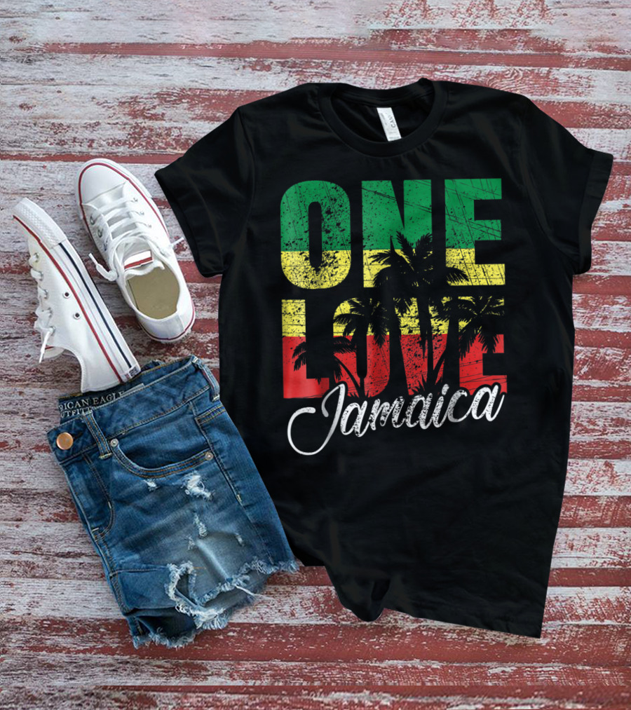 One Love Jamaica Caribbean Vacation Reggae Colors Palm Trees T-Shirt
