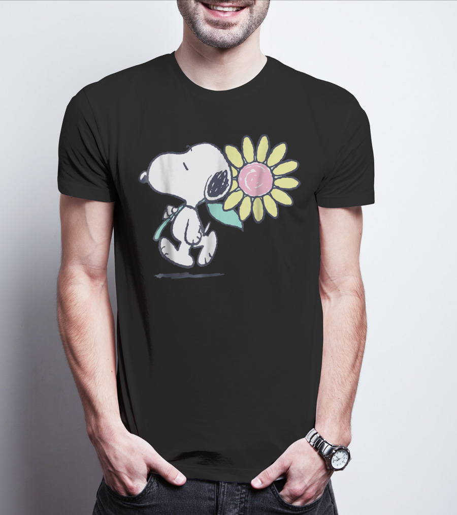 Peanuts Snoopy Walking With Pink Daisy Flower T-Shirt