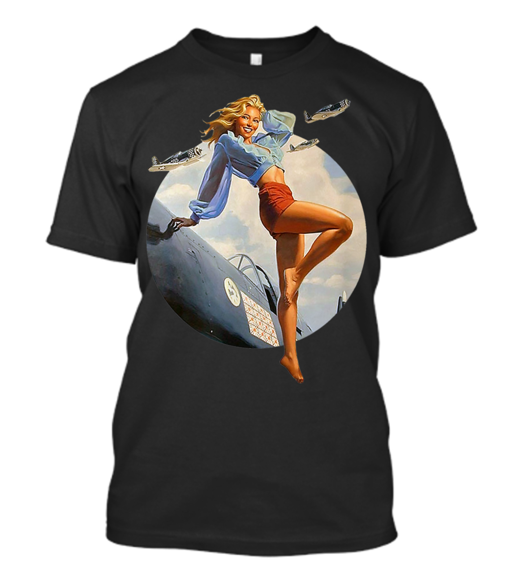 Pin Up Blonde With WWII 40s Air Force Plane And Iconic T-Shirt