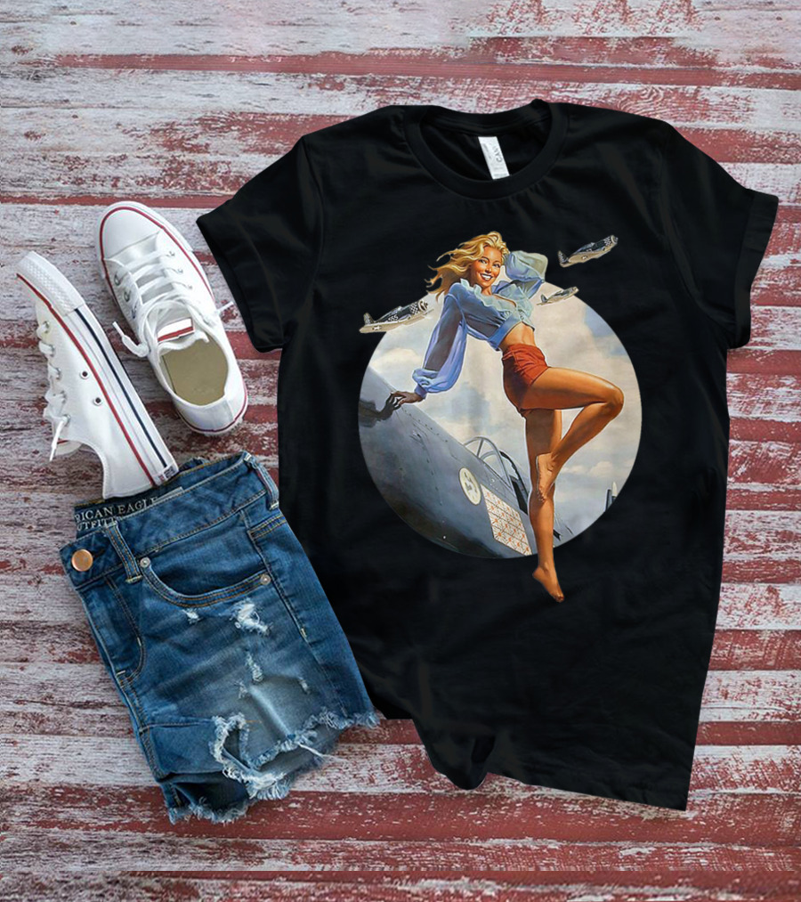 Pin Up Blonde With WWII 40s Air Force Plane And Iconic T-Shirt