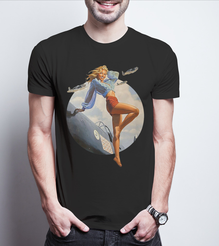 Pin Up Blonde With WWII 40s Air Force Plane And Iconic T-Shirt